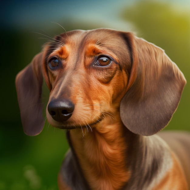 Retrato arrebatador de dachshund feliz ou cachorro salsicha com fundo de natureza