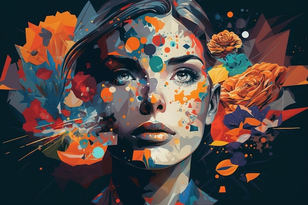 Retrato de arte abstracto de mujer joven con cara de niña de flores en estilo collage IA generativa