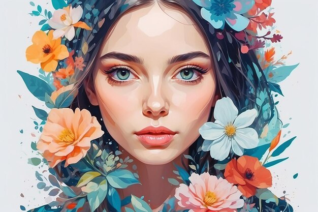 Retrato de arte abstracto de una mujer joven con flores rostro de niña en estilo collage IA generativa