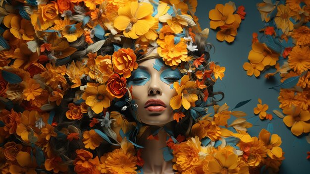 Foto retrato de arte de collage floral vibrante con una mujer rodeada de diversas flores