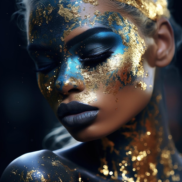 Retrato de arte de moda de una mujer hermosa con maquillaje dorado Generado por Ai