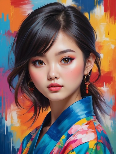 Retrato de arte moderno de una hermosa niña china a la moda y un fondo de pincel colorido