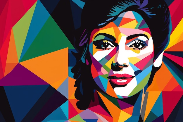 Retrato de arte pop de una mujer sonriente con formas geométricas coloridas