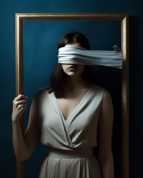 Un retrato de arte surrealista mujer con los ojos vendados fuera del marco de la pared