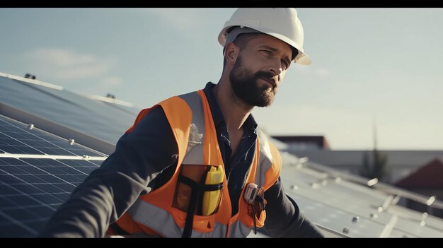 Foto retrato de un artesano con casco y guantes instalando paneles solares