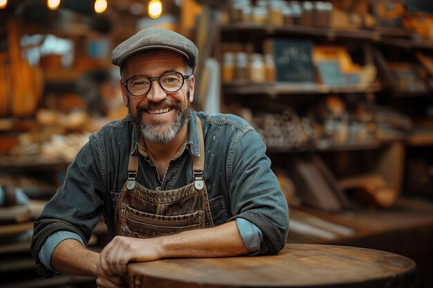 Retrato de un artesano maduro sonriente con gafas apoyado en una mesa de madera