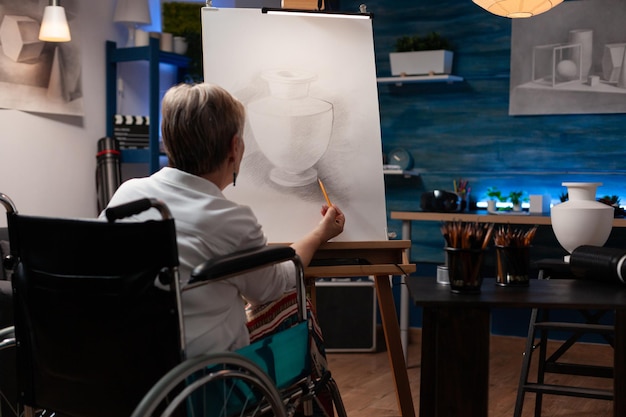 Retrato de un artista anciano que vive con discapacidad dibujando bodegones usando un lápiz afilado sobre papel dibujando en un estudio de arte. Retrato de una mujer mayor que está paralizada dibujando una obra maestra original.