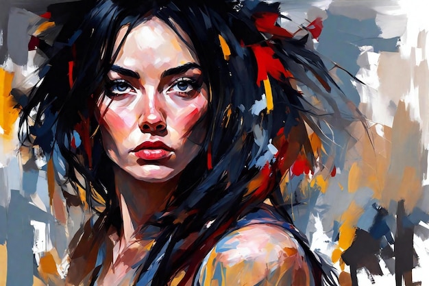 Retrato artístico a óleo de uma bela mulher de cabelo preto