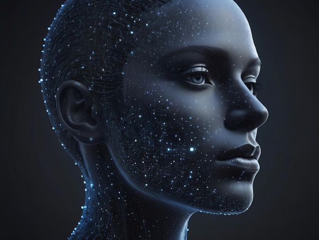 Retrato artístico abstracto de la cabeza de un robot sobre un fondo negro Inteligencia artificial