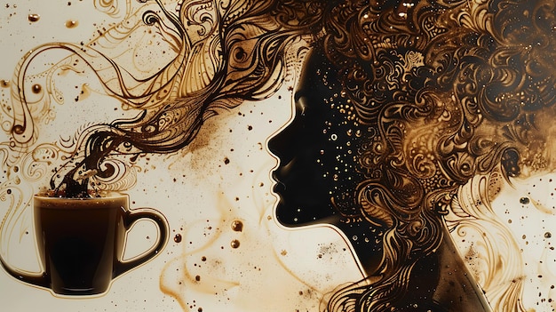 Retrato artístico de café de una hermosa mujer con el cabello fluido