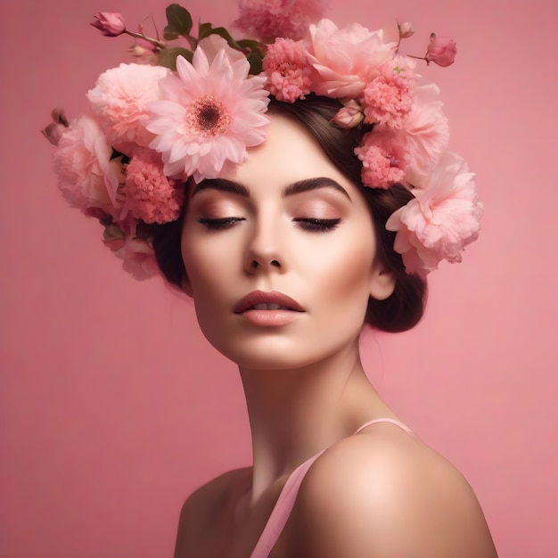 Retrato artístico de una chica morena con flores rosadas en el cabello maquillaje profesional fondo rosa