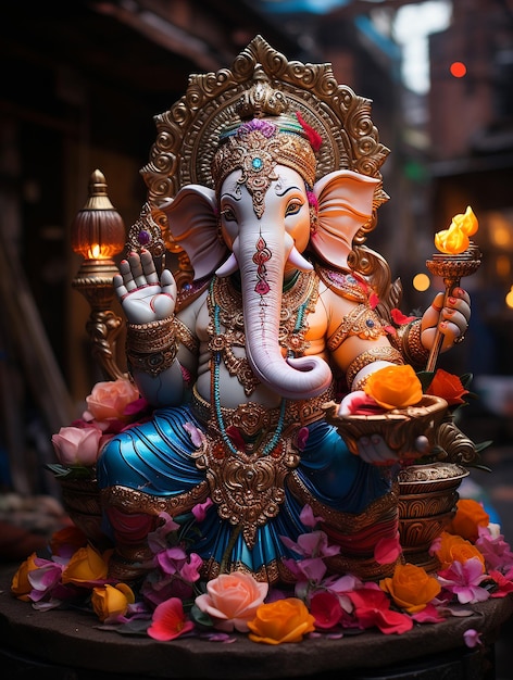 Foto retrato artístico da estátua de deus ganesha com fundo de templo antigo