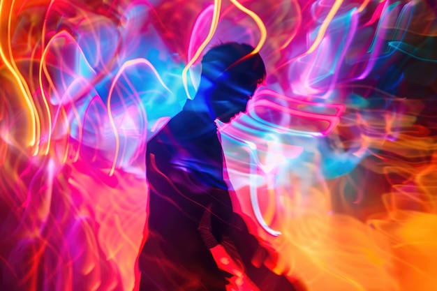 Retrato artístico de um homem dançando em luzes de néon