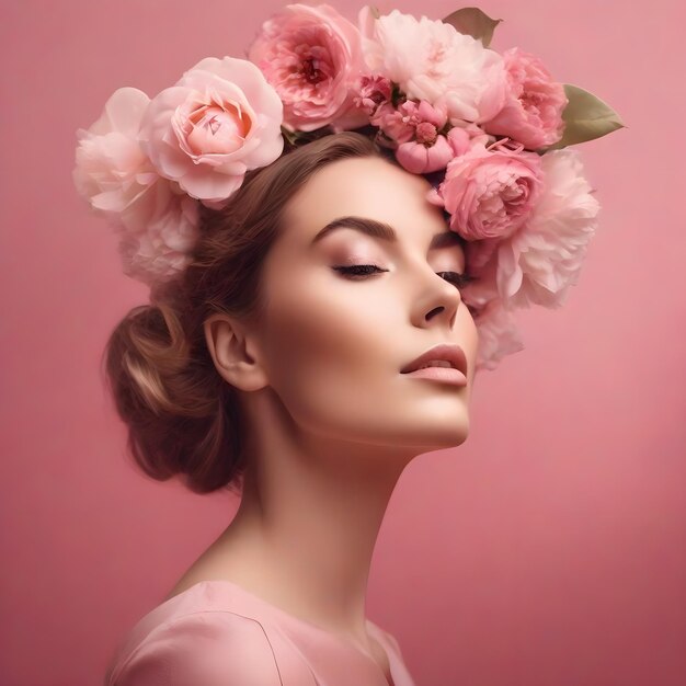 Retrato artístico de uma menina morena com flores cor de rosa no cabelo maquiagem profissional fundo rosa