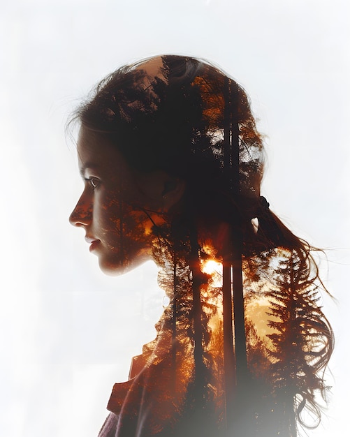 Retrato artístico de doble exposición de una niña con reflejos de árboles en su cabello
