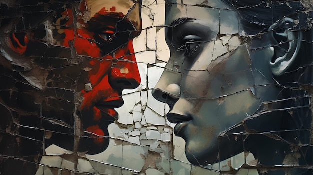 retrato artístico de un hombre y una mujer debido a la pintura podrida y oxidada en una escena romántica