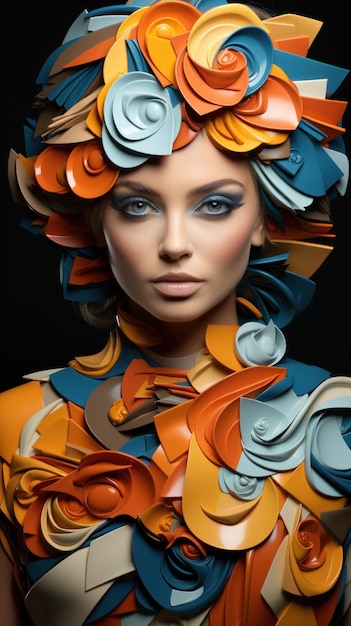 Retrato artístico de una mujer joven con diseño floral abstracto