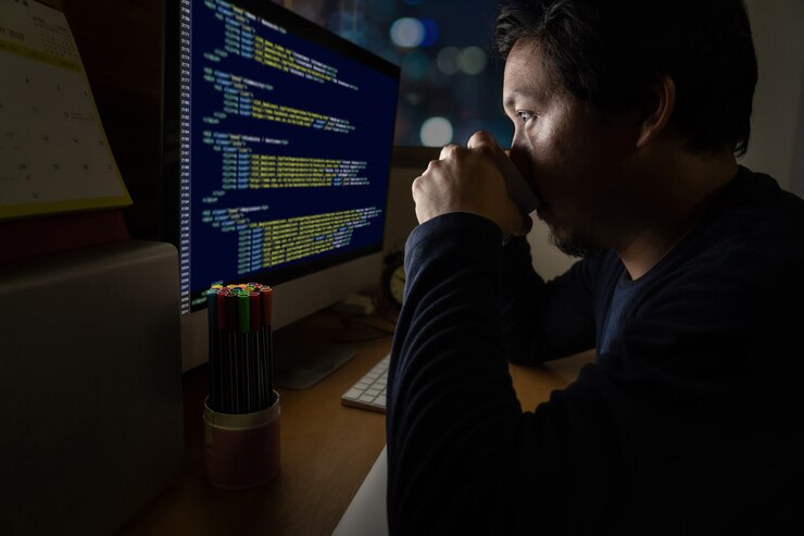 Foto retrato de asia empresario sentado y trabajando duro en la mesa con la fuente de programación