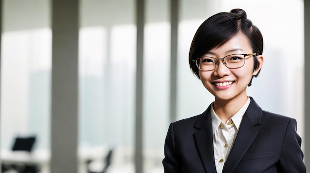 Retrato asiático confiado pelo corto con gafas mujer en traje en la oficina arte generativo por AI