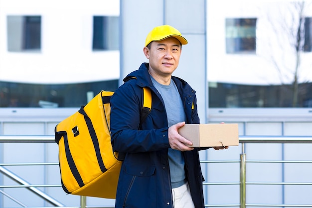 Retrato asiático correio feliz trabalhador de serviço de entrega masculino no boné e com mochila saco de comida empregado com uma caixa ou pacote na mão em uma rua olha para a câmera sorri no meio urbano