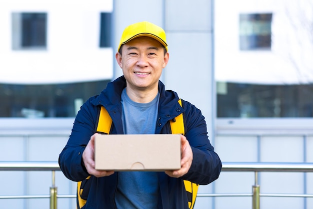 Retrato asiático mensajero feliz hombre trabajador del servicio de entrega en gorra y con mochila bolsa de comida hombre Empleado con una caja o paquete en la mano en una calle mira la cámara sonríe en el fondo urbano