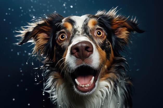 Retrato de asombro perro pastor australiano perro mojado abrió la boca sorprendido primer plano vista frontal