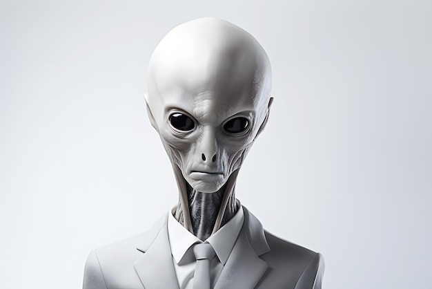 Retrato assustador de uma criatura alienígena em um terno leve e gravata isolada em um fundo branco