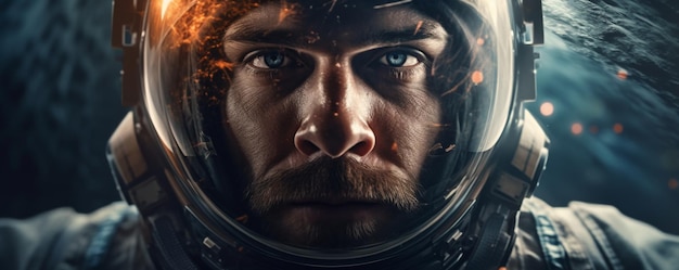 Retrato de un astronauta caminando en el espacio explorando planetas del universo y una pancarta de vida espacial Generative Ai