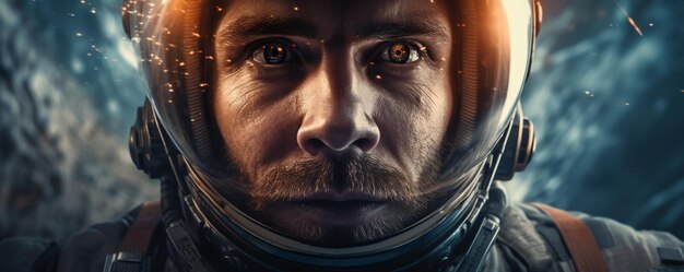 Retrato de un astronauta caminando en el espacio explorando planetas del universo y una pancarta de vida espacial Generative Ai