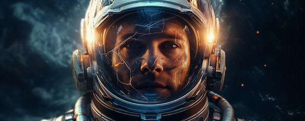 Retrato de un astronauta caminando en el espacio explorando planetas del universo y una pancarta de vida espacial Generative Ai