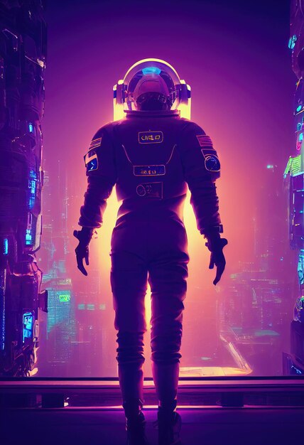 Retrato de un astronauta ficticio en luz de neón en un traje espacial Astronauta de alta tecnología del futuro