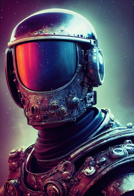 Retrato de un astronauta ficticio en luz de neón en un traje espacial Astronauta de alta tecnología del futuro