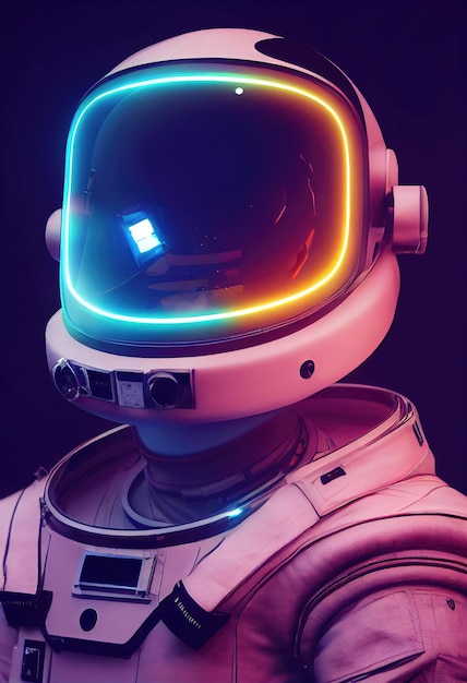 Retrato de un astronauta ficticio en luz de neón en un traje espacial Astronauta de alta tecnología del futuro