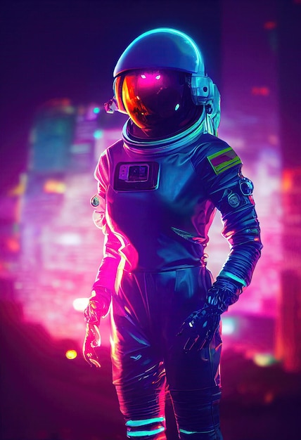 Retrato de un astronauta ficticio con luz de neón en un traje espacial. Astronauta de alta tecnología del futuro