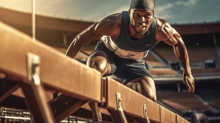 Retrato de un atleta afroamericano corriendo por las escaleras