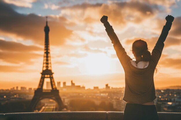 Retrato de un atleta feliz celebrando el éxito ganador con Francia París Torre Eiffel en el fondo