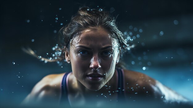 Foto retrato de una atleta nadando en un estanque generativo ai