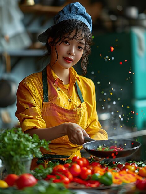 Retrato de una atractiva cocinera coreana cocinando en la cocina IA generativa