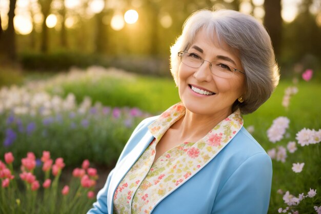 Retrato de una atractiva y elegante anciana relajándose en un jardín florido