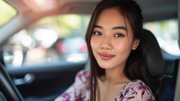 Retrato de una atractiva joven asiática conduciendo un coche con un gran espacio vacío IA generativa