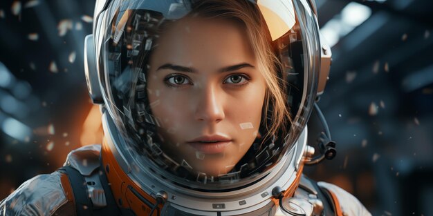 Retrato de una atractiva joven astronauta en un traje espacial