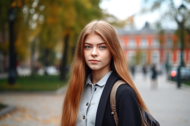 Retrato de una atractiva joven colegiala parada afuera en el campus creado con IA generativa