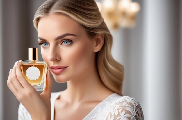 Retrato de una atractiva mujer rubia en vestido blanco con una hermosa botella de perfume en la mano