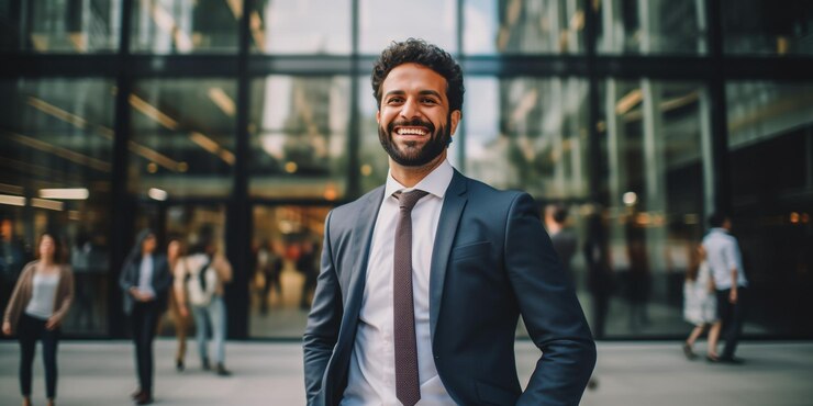 retrato de un atractivo hombre barbudo con gafas de sol abriendo el traje mientras mira a un lado y posa frente a un fondo beige en el estudio