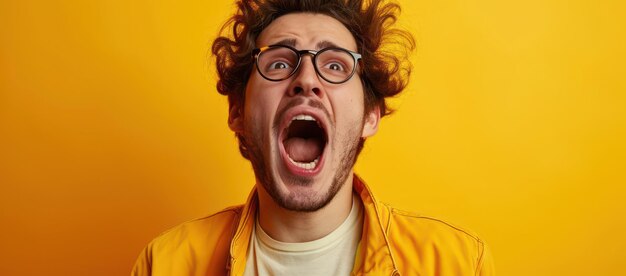 Retrato de un atractivo hombre caucásico con barba que lleva una camisa amarilla y gafas expresando emoción con las manos en un fondo de estudio blanco