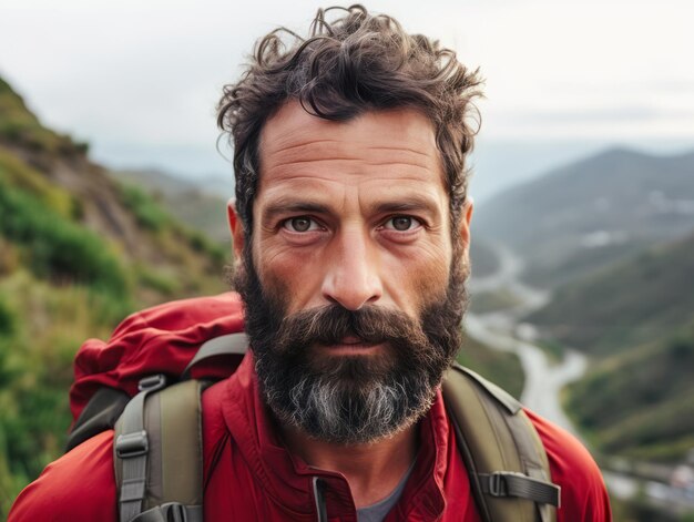 Un retrato de un atractivo turista en una hermosa ruta de senderismo de montaña Hombre usar el deporte usar activo con mochila Ai generativo