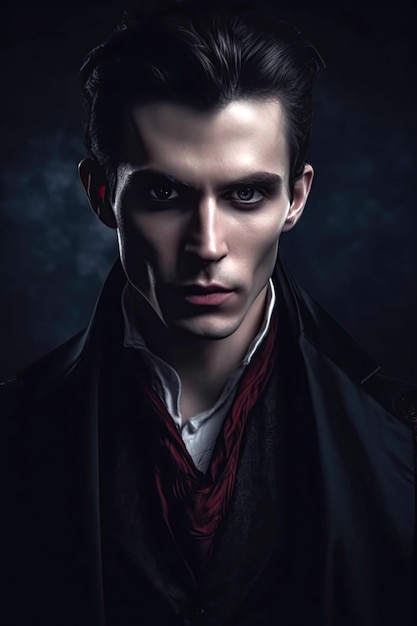 Retrato de un atractivo vampiro masculino en la portada negra de la novela Vampiro Diseño de la portada Ilustración de IA generativa