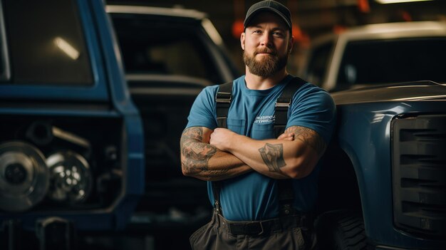 Retrato autêntico de um orgulhoso e confiante motorista de caminhão afro-americano em pé diante de seu caminhão, simbolizando o vigor da indústria de navegação e transporte