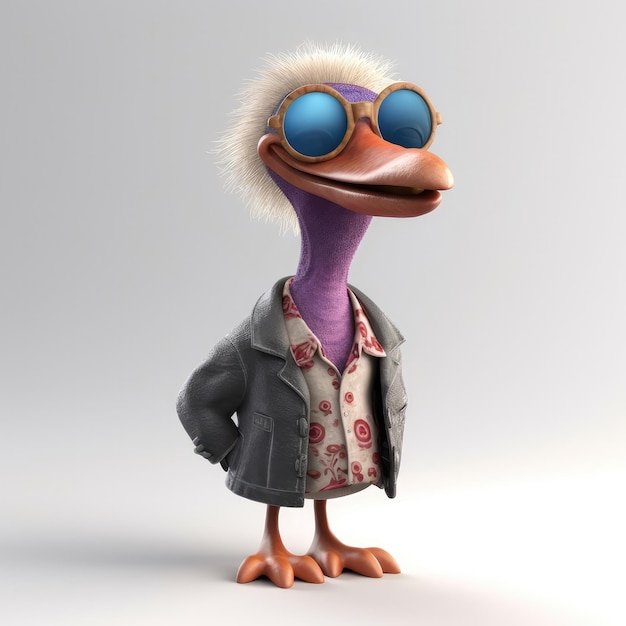 Foto retrato de avestruz de dibujos animados en 3d con ropa de pie frente a las luces del estudio generativo ai
