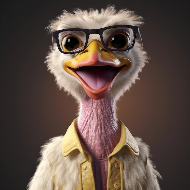 Retrato de avestruz de dibujos animados en 3D con ropa de pie frente a las luces del estudio generativo ai